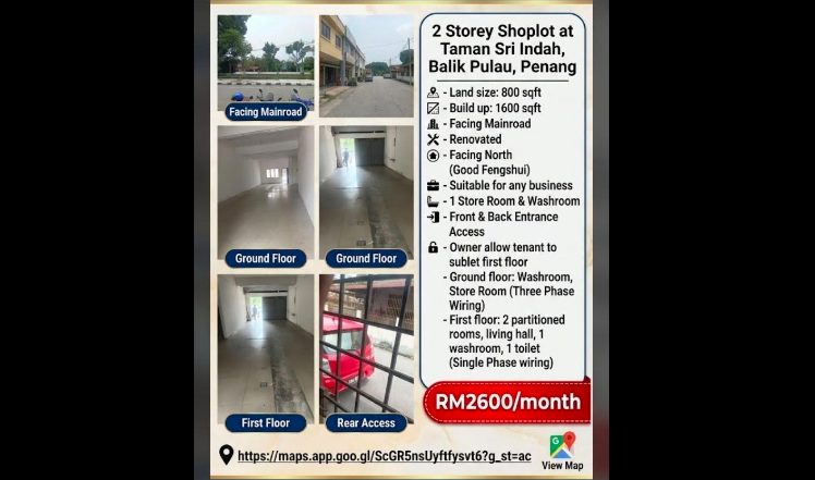 Kedai 2 Tingkat untuk Disewa, Balik Pulau (1/1)